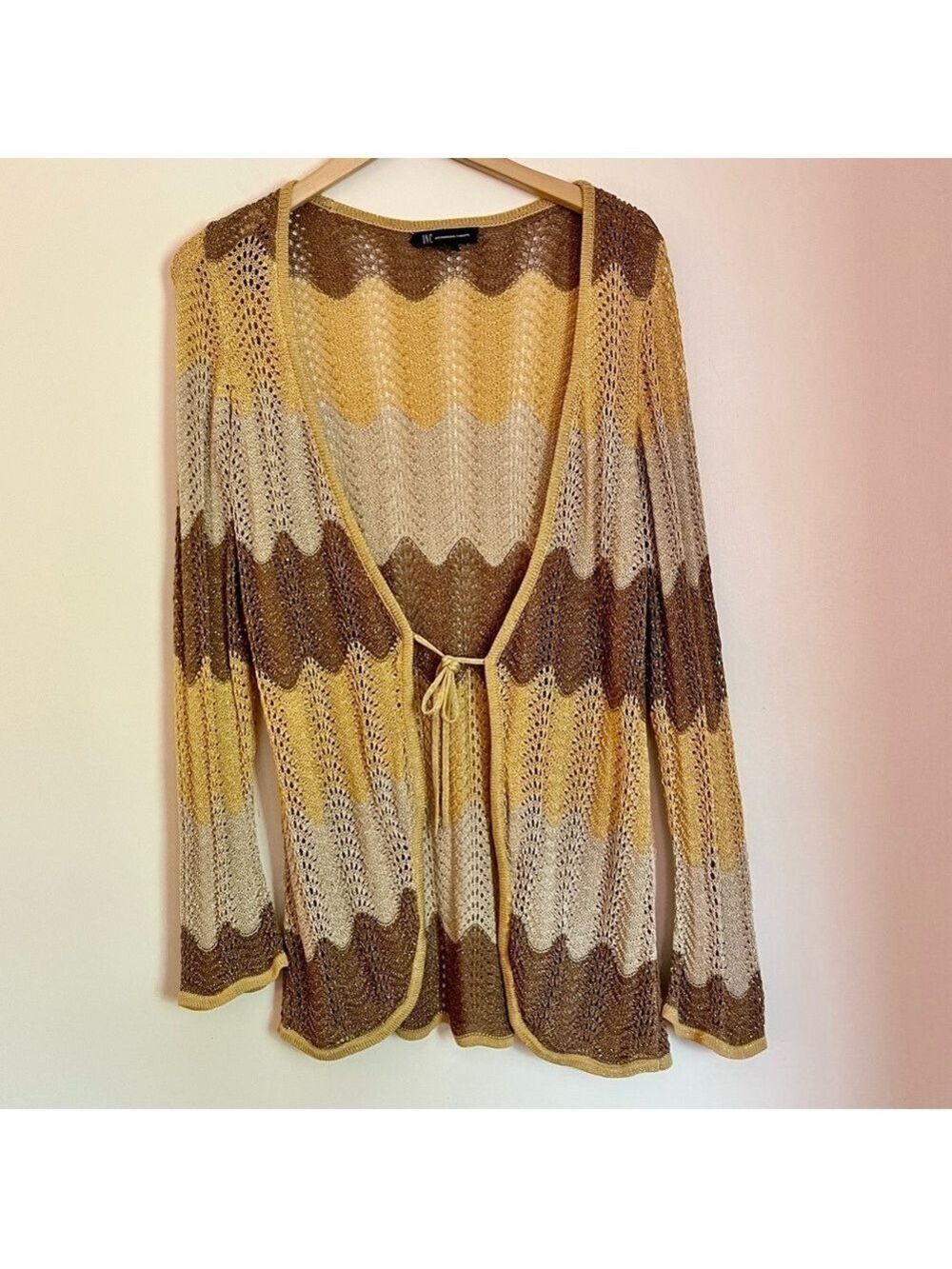 INC International Concepts Silk Crochet Cardigan XL Boho Open Knit Duster Sheer